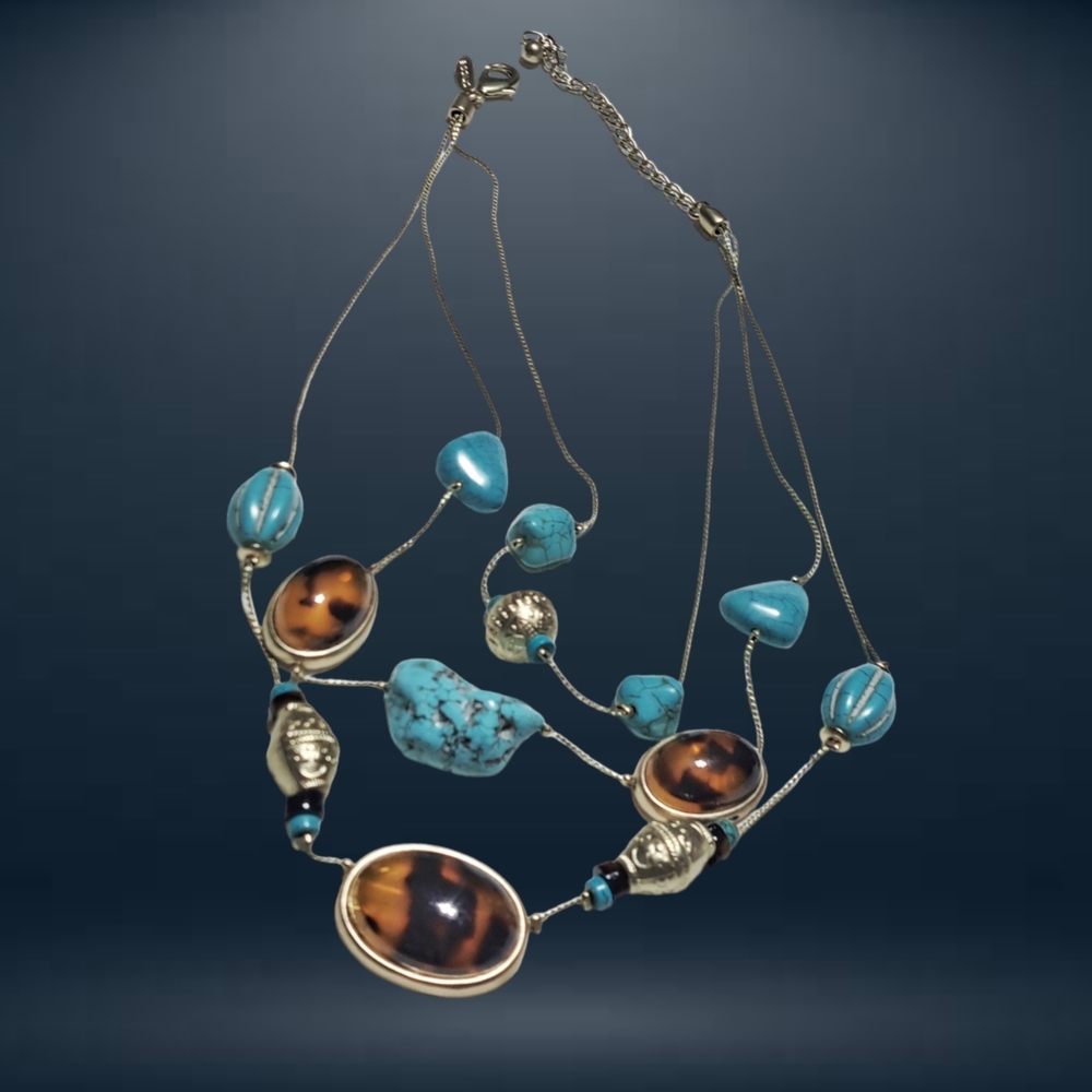 Turquoise Gemstones and Amber Color Stones with Silver Tone Necklace